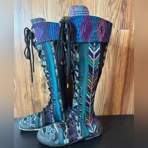 One of a kind Guatemalan recycled fabric on these high rise zip up/lace boots